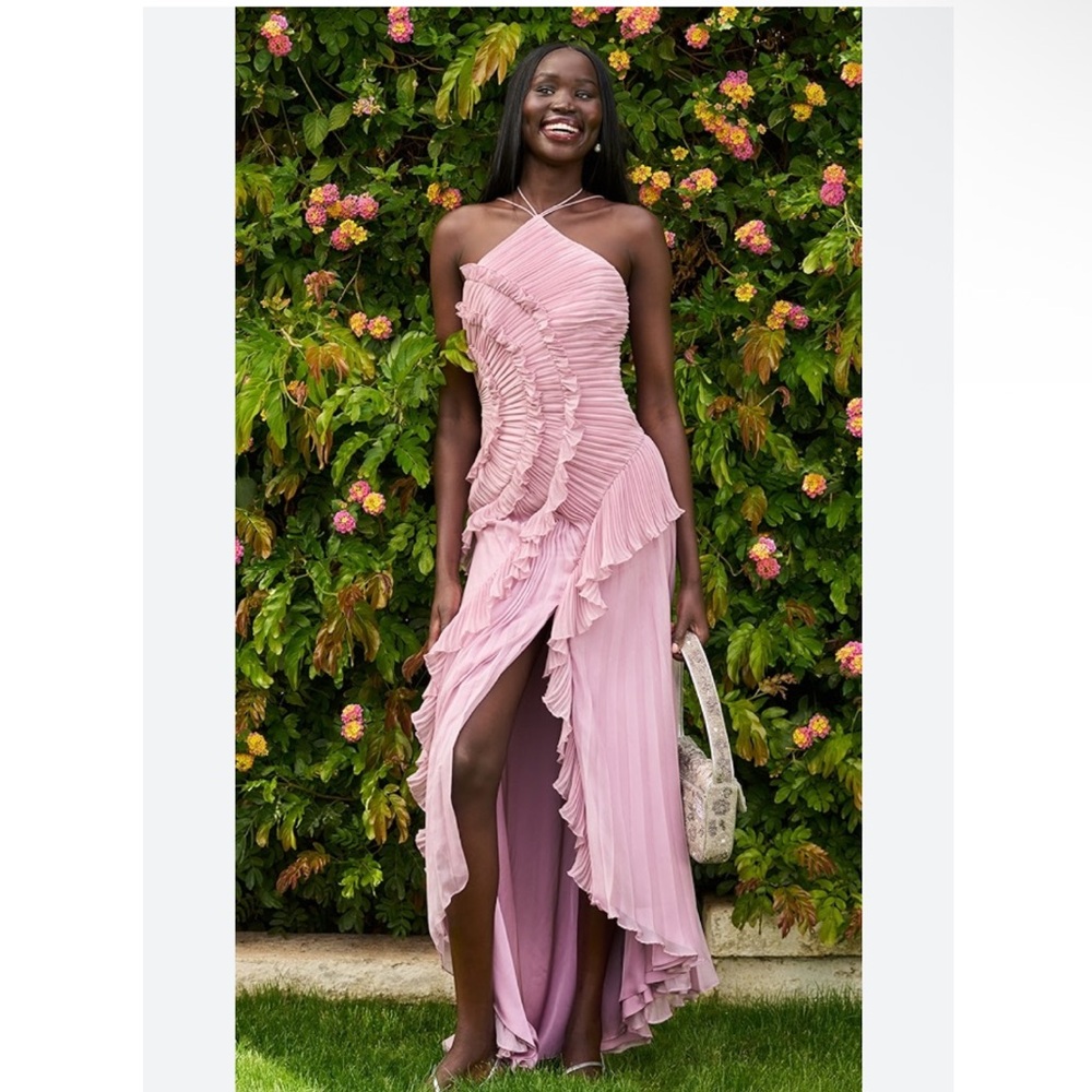 AMUR Lorelie Halter Pleated Rosette Side Gown in Water Hyacinth Viral size 8 US - Picture 2 of 14